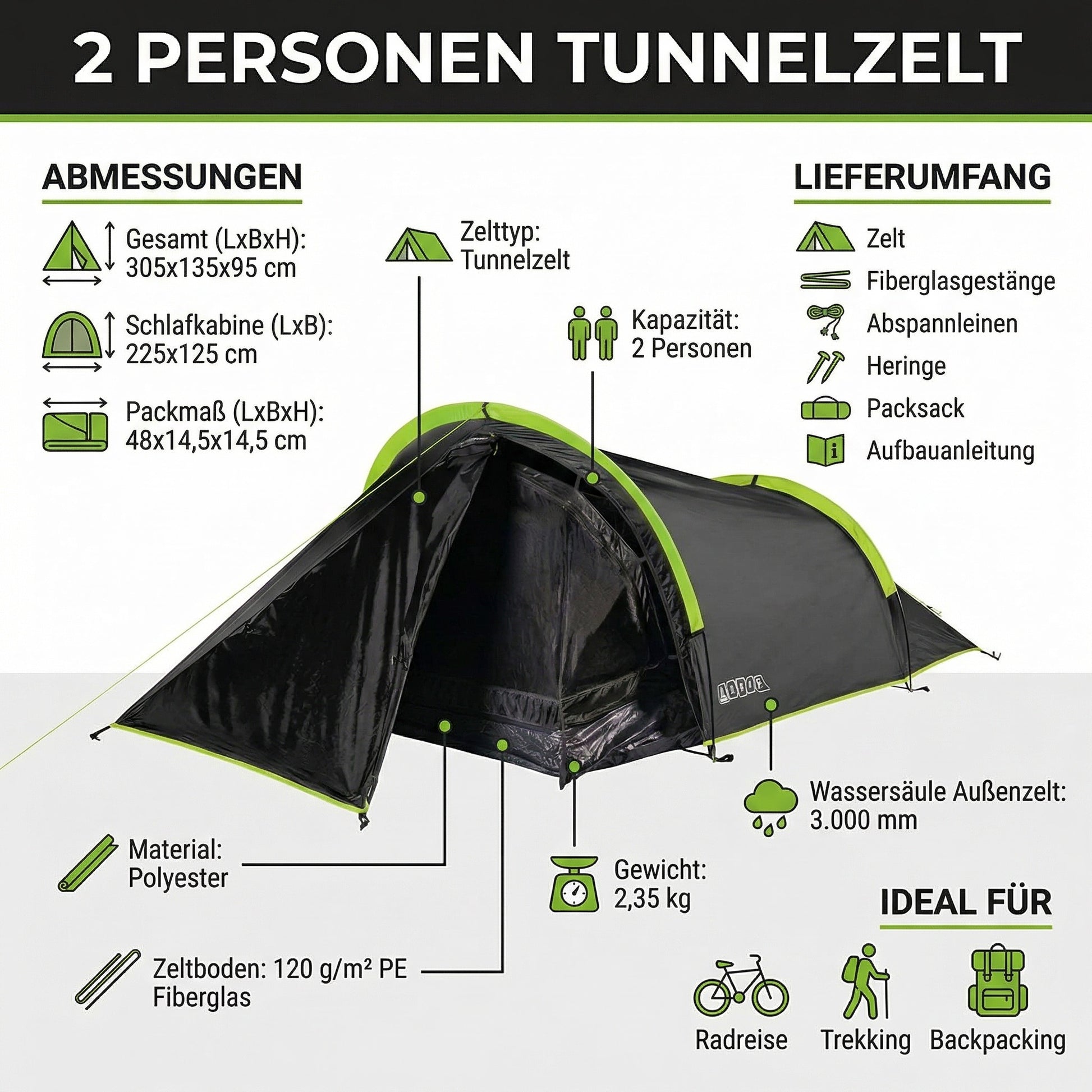 2 Personen Tunnelzelt Biker Backpacker Abgedunkelte Schafkabine 3000 m – Outdoor Alm