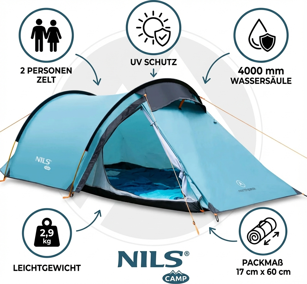 NILS Camp 2-Personen Zelt: UV-Schutz, Wassersäule 4000 mm, 2,9 kg, Packmaß