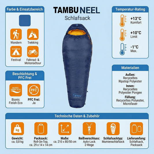Mumienschlafsack Neel Blau 800g Sommer Schlafsack Trekking Backpacking