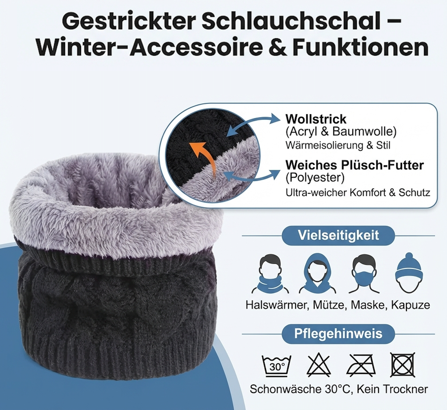 Schlauchschal Schwarz mit Fleecefutter Sehr warm Loop Schal Ski Wandern