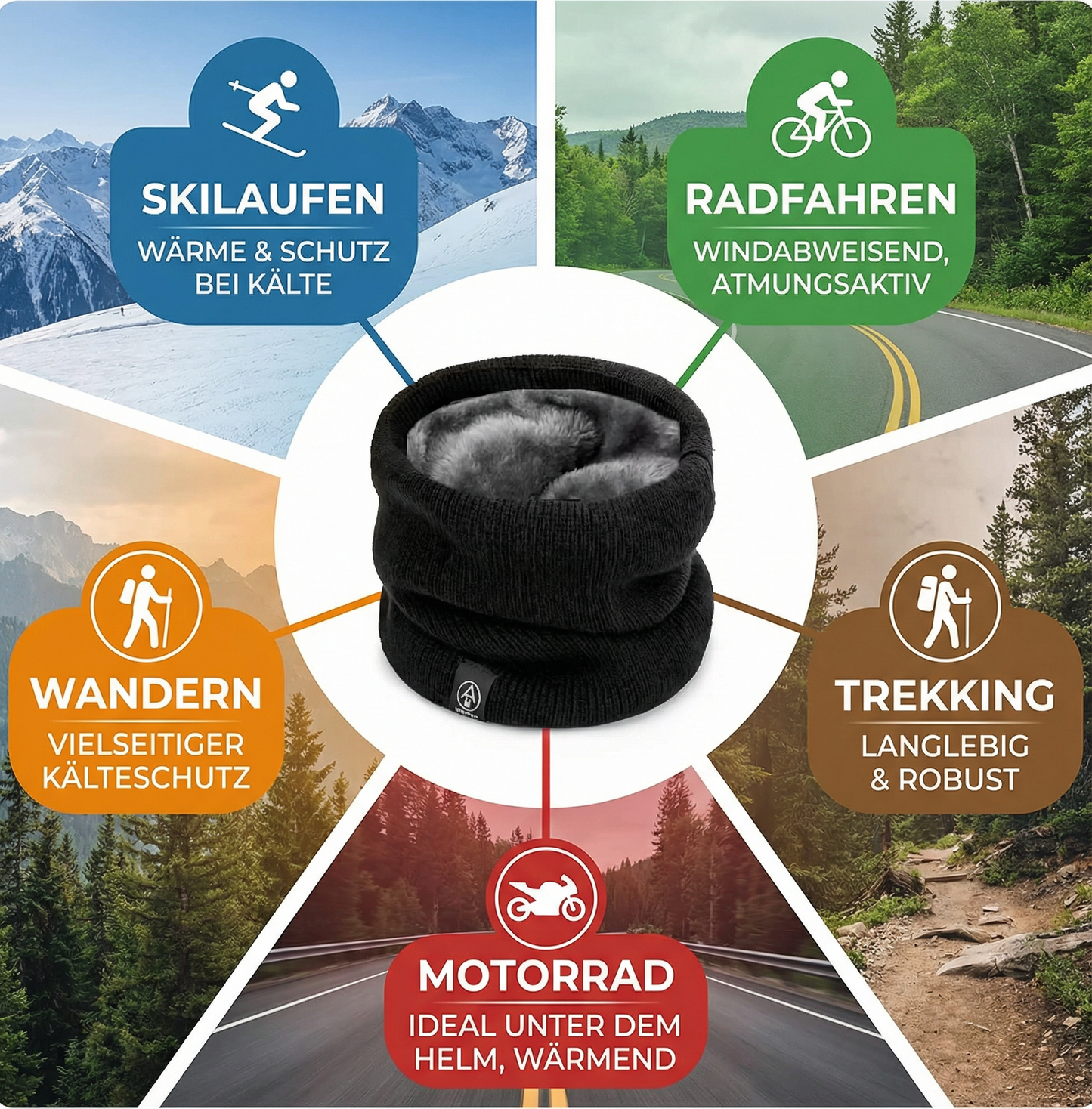 Schlauchschal Schwarz mit Fleece Futter Superwarm Dehnbar Ski Schal