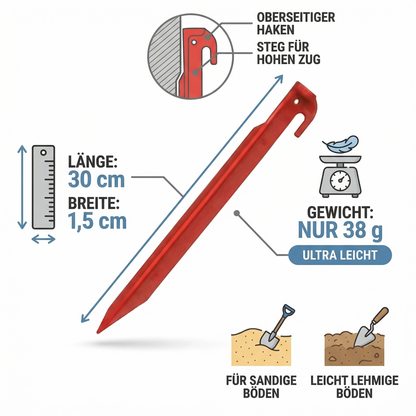 Zelt-Heringe Kunststoff 30 cm - 5 Stück Rot, ultraleichte Erdnägel für Ihr Zelt
