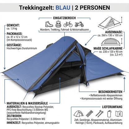 2 Personen Zelt Biker Zelt Trekkingzelt Campingzelt 1,7 kg 3000mm Wassersäule