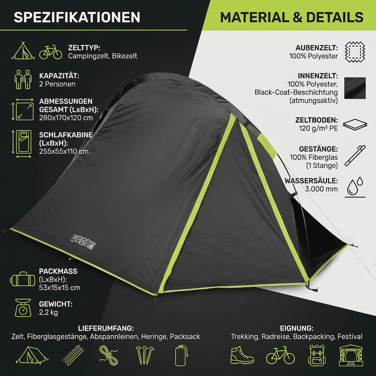 Zelt für Camping, schematische Ansicht mit Neongrünem Akzent und Außenhülle