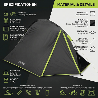 2 Personen Biker Zelt Abgedunkelter Schlafraum 3000 mm Wassersäule Camping Zelt