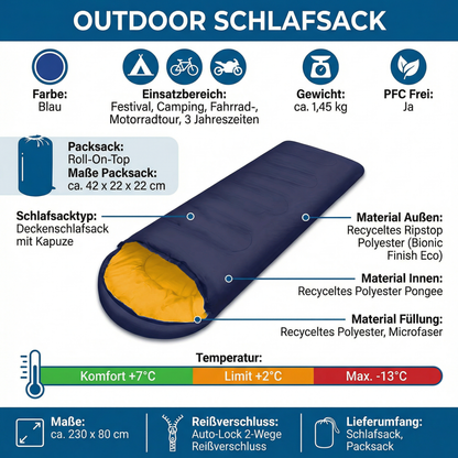 Deckenschlafsack Blau Temp bis -13°C Schlafsack mit Kapuze
