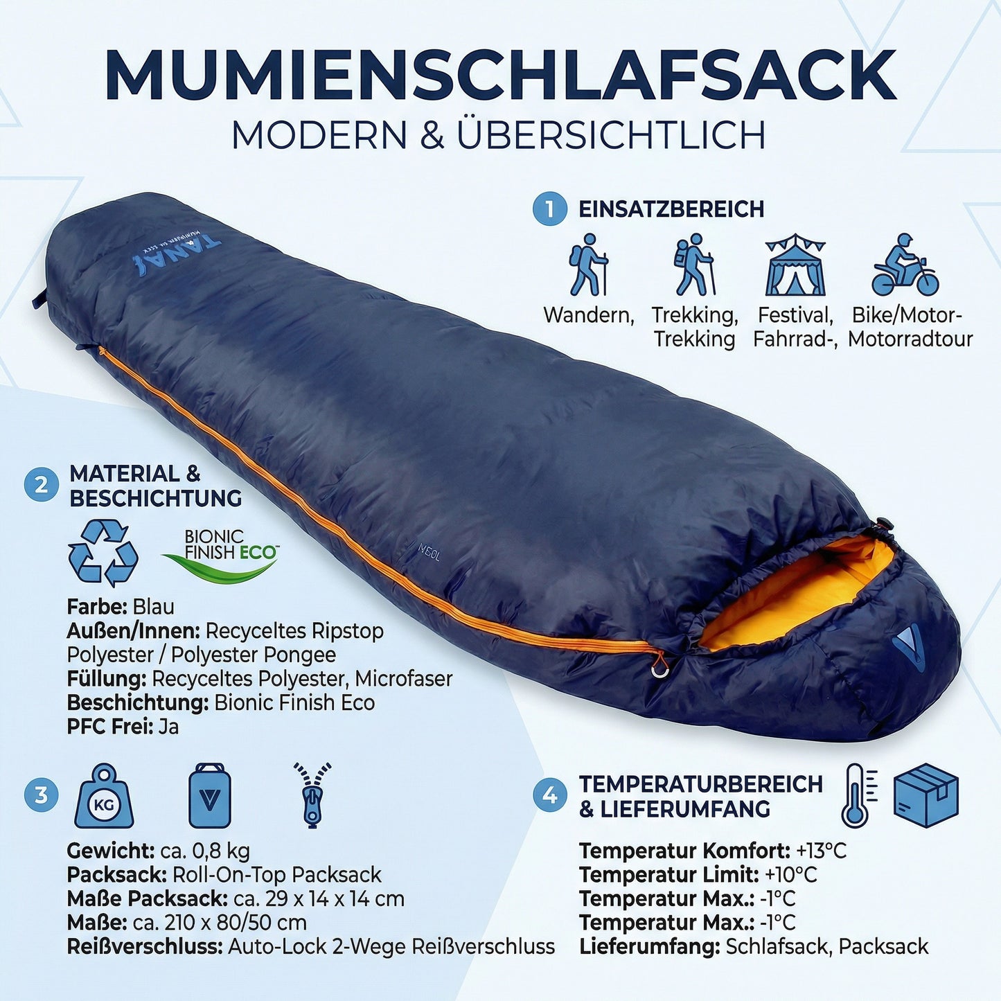 Mumienschlafsack Neel Blau 800g Sommer Schlafsack Trekking Backpacking