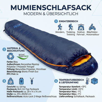 Mumienschlafsack Neel Blau 800g Sommer Schlafsack Trekking Backpacking
