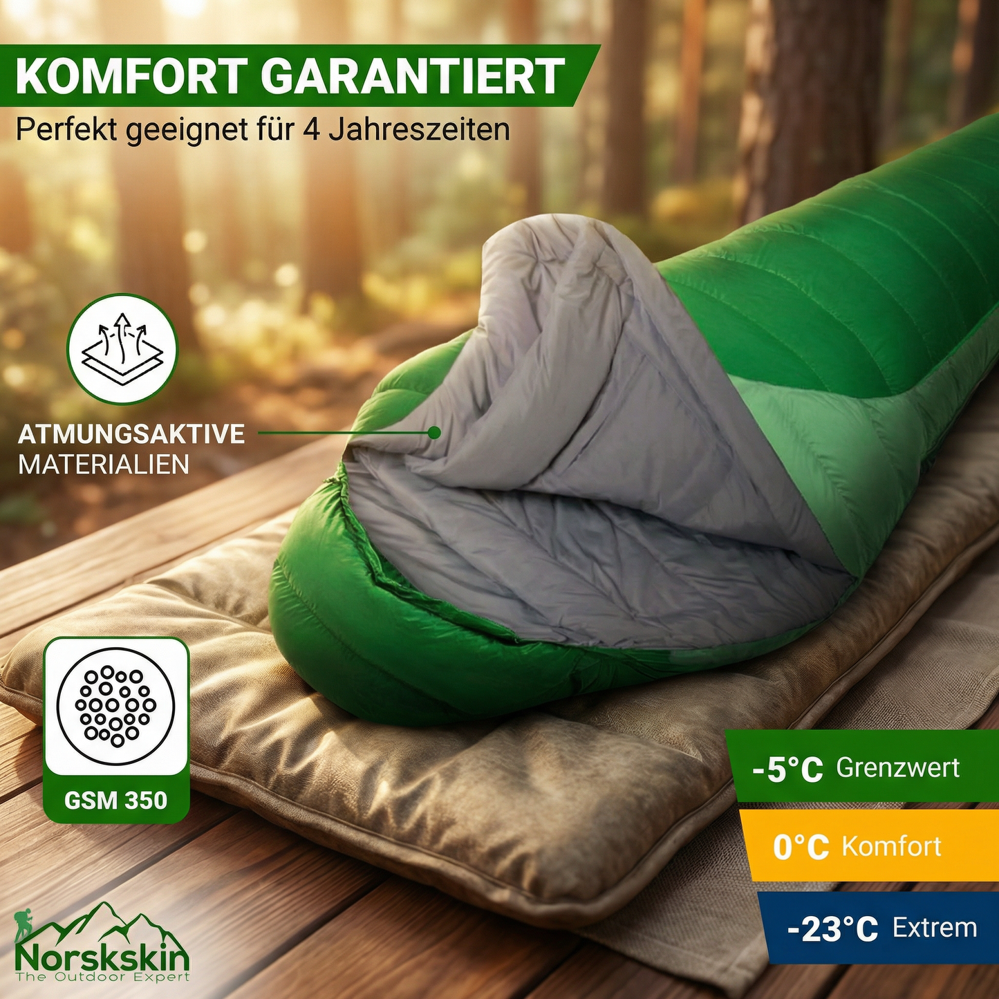 Norskskin Mumienschlafsack Taiga für 4 Jahreszeiten – Kopfkissenfach