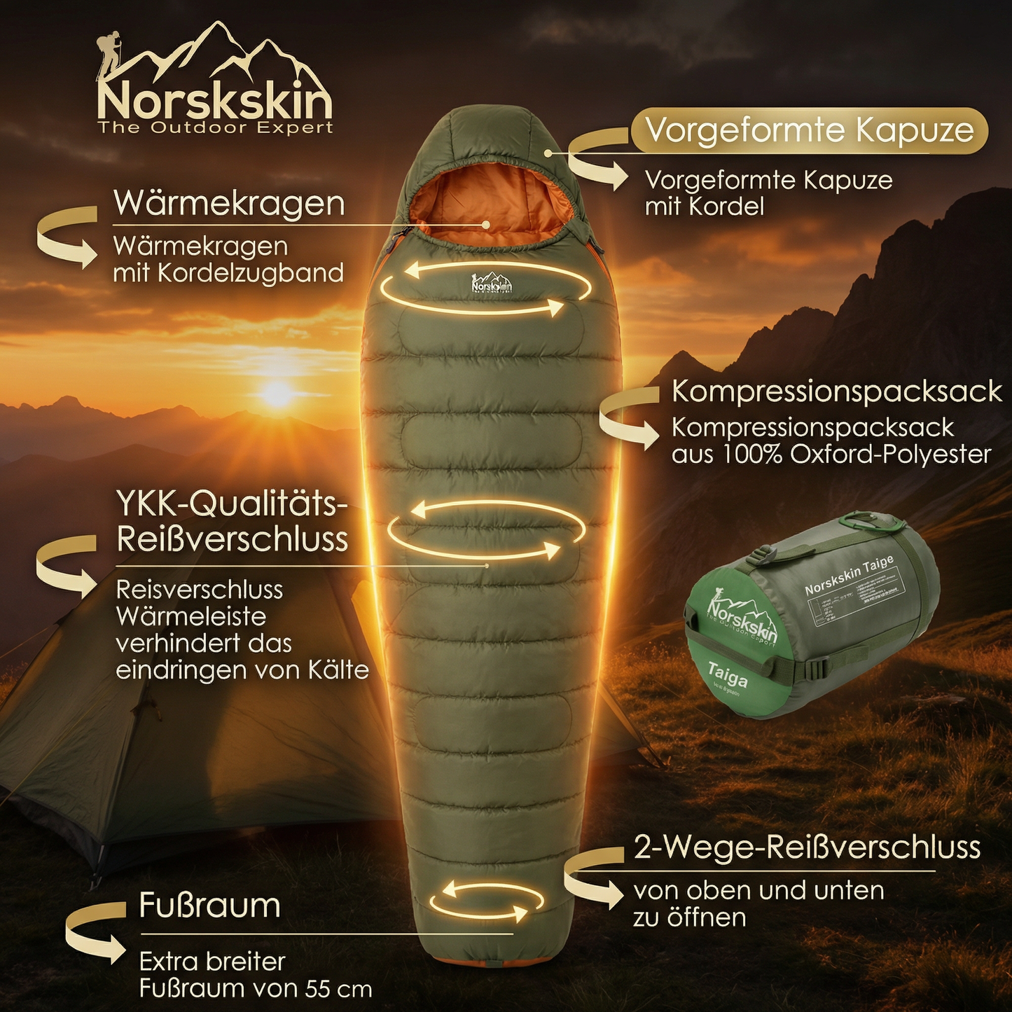 Norskskin Mumienschlafsack Taiga für 4 Jahreszeiten – Kopfkissenfach