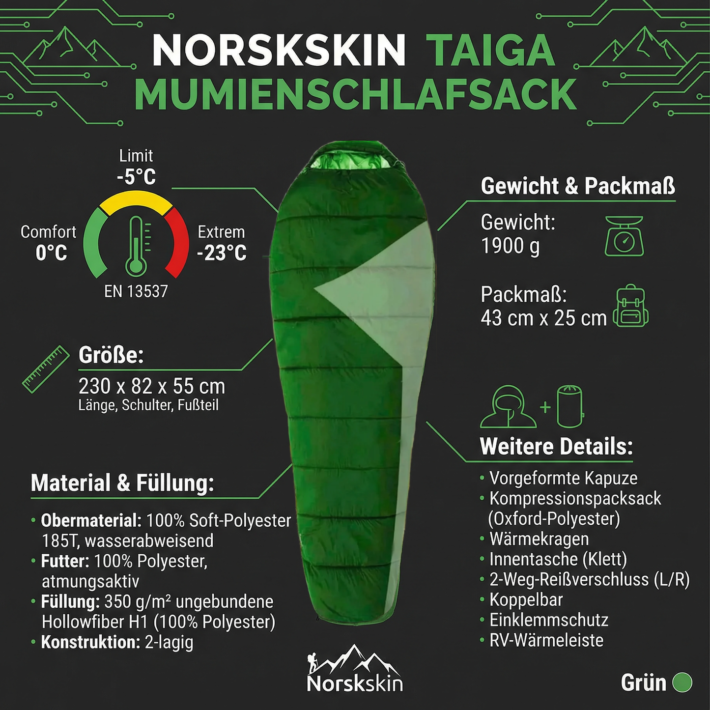 Norskskin Mumienschlafsack Taiga für 4 Jahreszeiten – Kopfkissenfach