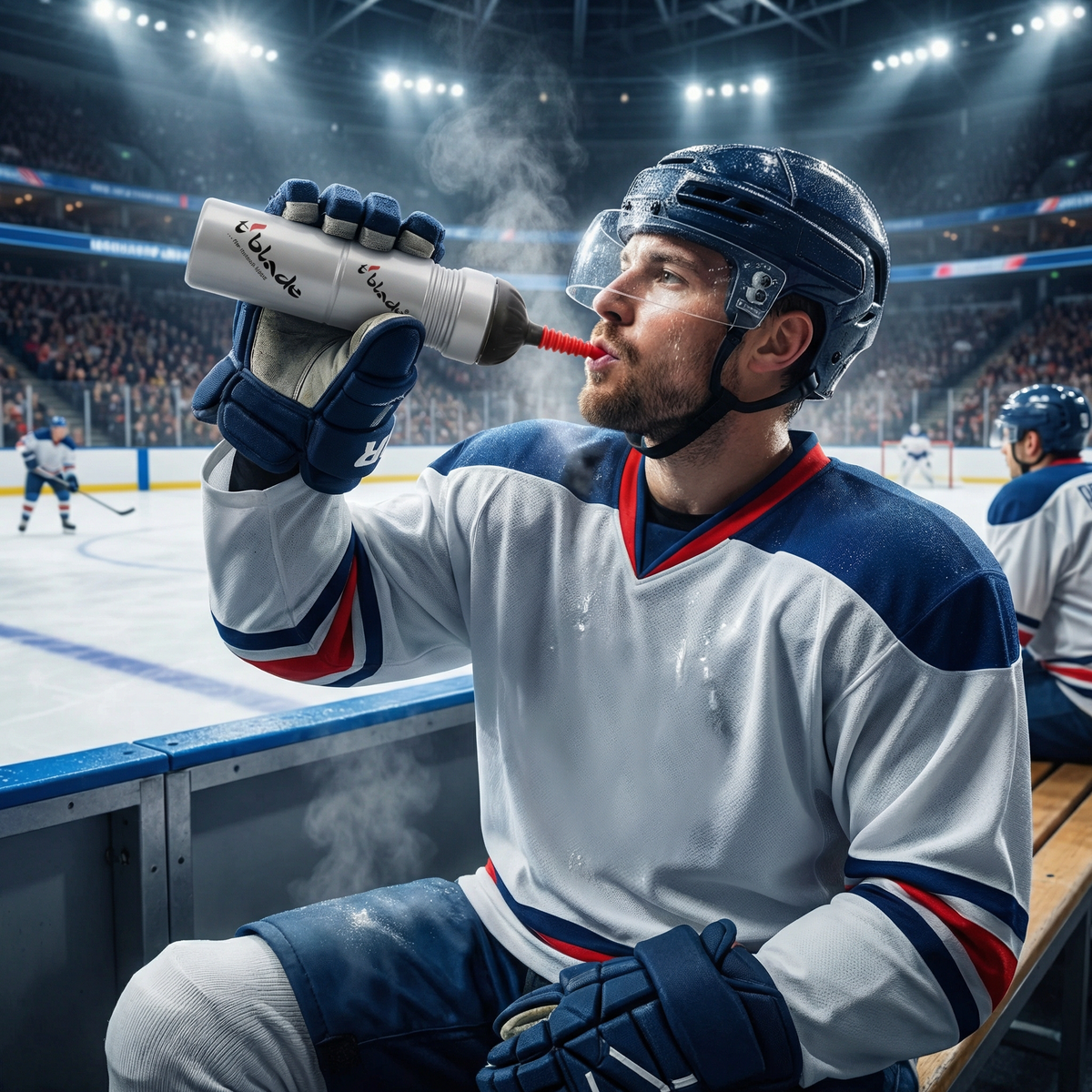 Eishockey-Sportflasche 1 l am Mund: silberne Flasche mit rotem Trinkaufsatz