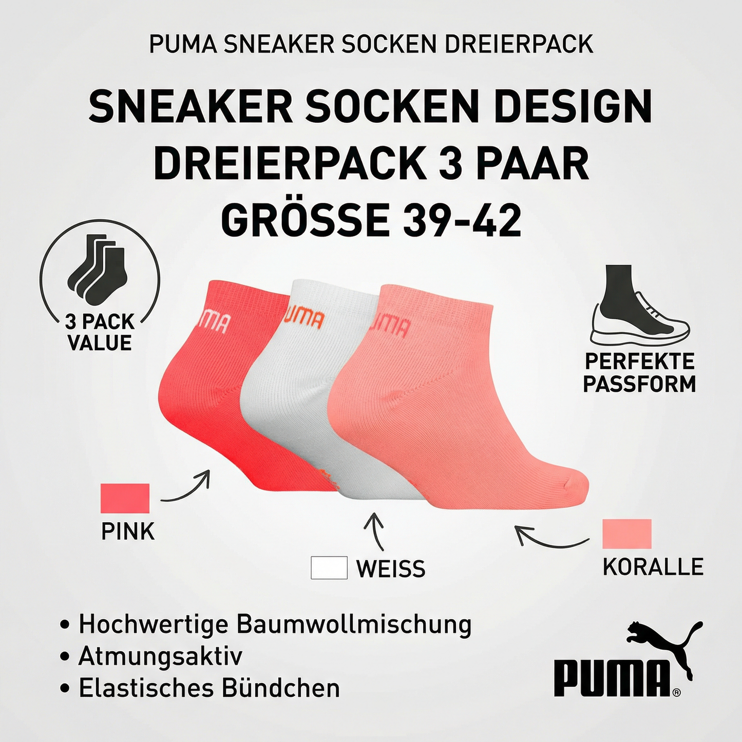 Sneaker Socken Puma Rosa Größe 39-42 Strumpf Socke