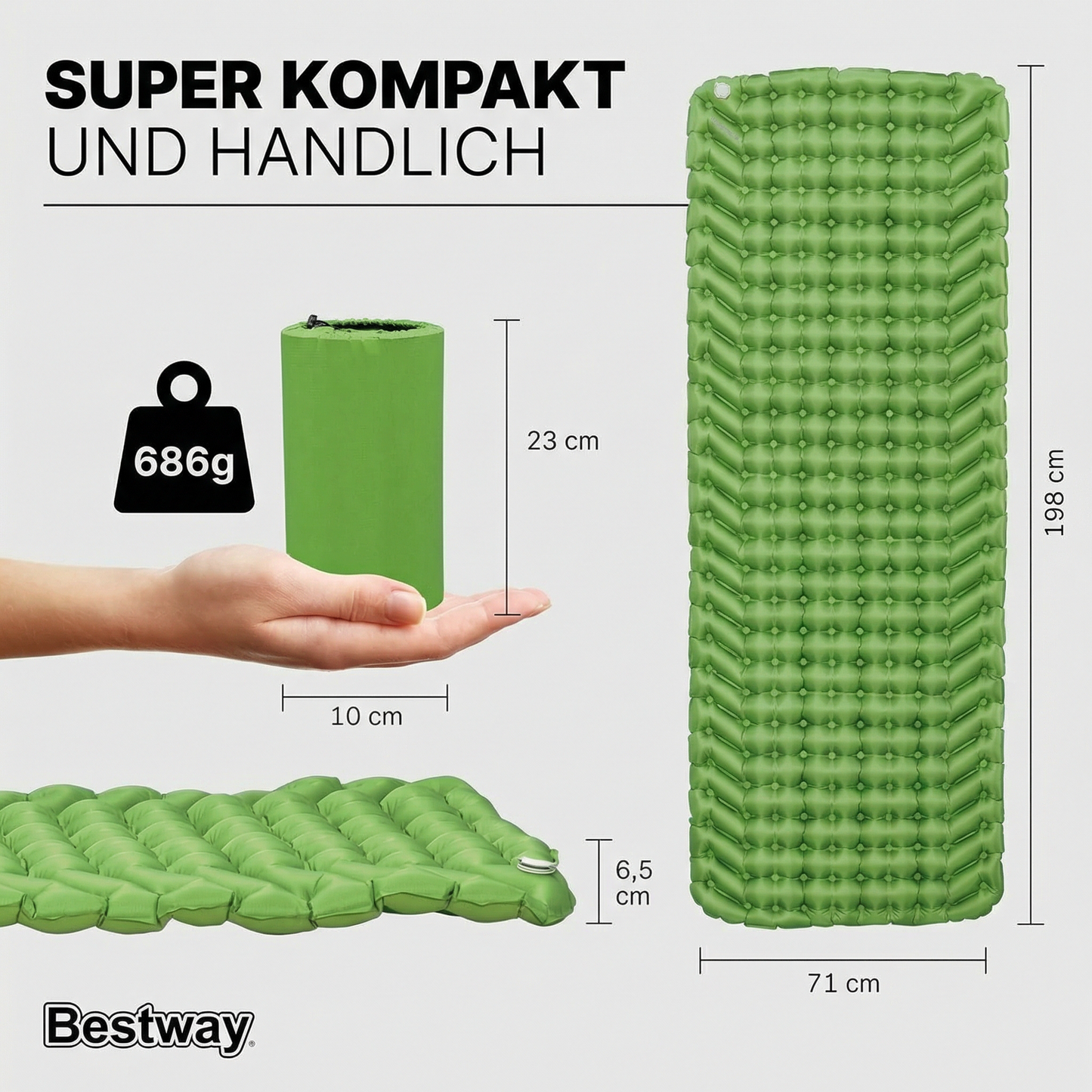 Trekking Matte Isomatte Luftmatratze XXL 198 x 71 x 6,5 cm mit R-Wert 1,3 für maximalen Komfort