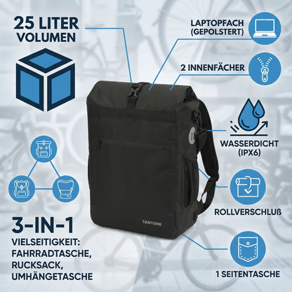 Fahrradtasche 3in1 Wasserdichte Gepäckträgertasche & Rucksack 19L - 25L