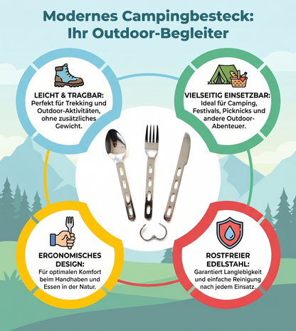 Camping Besteck Set 4-teilig für Trekking und Outdoor Festivals – Messer, Gabel, Löffel und Halterung