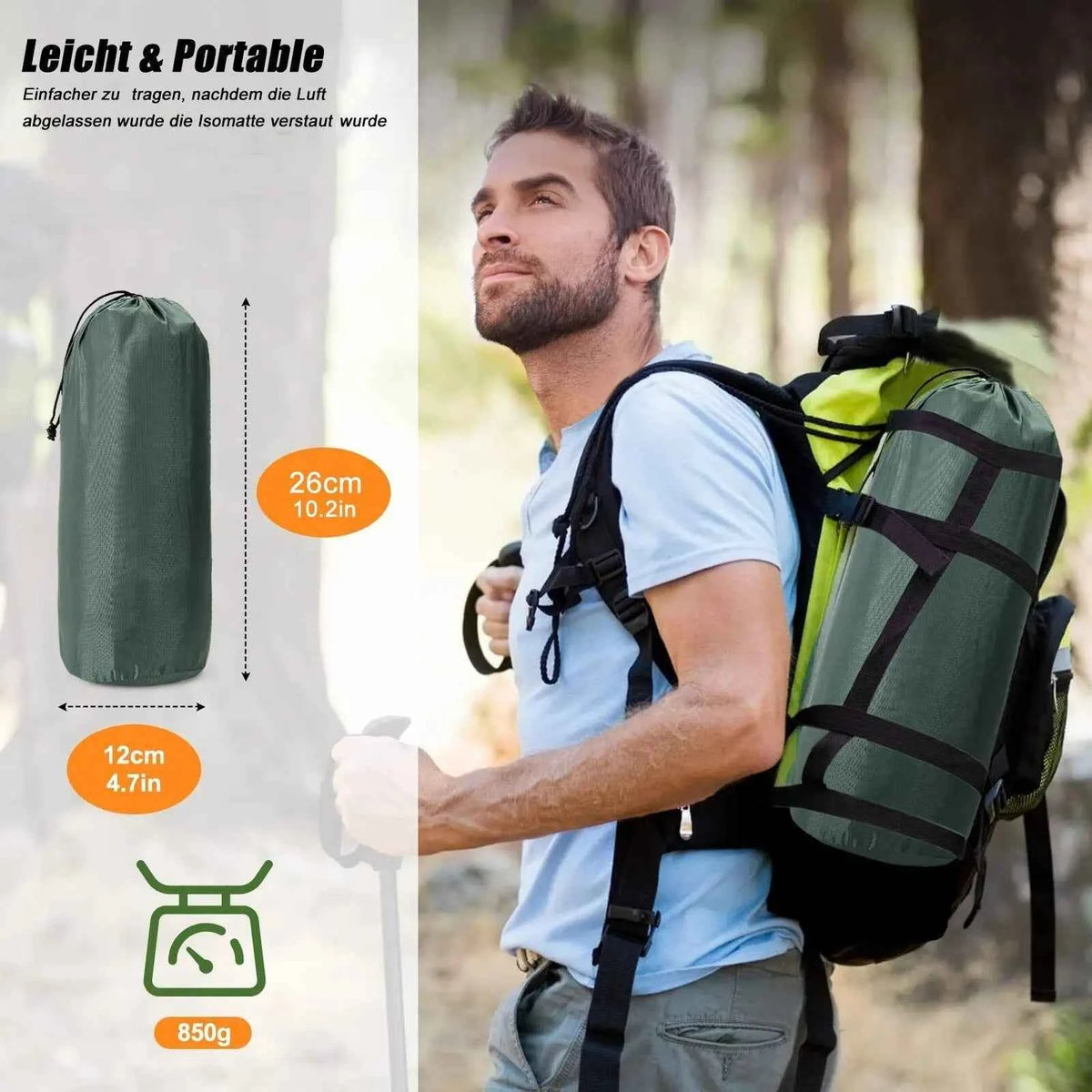 Grüne Isomatte im Packbeutel, kompakt für Outdoor, mit Kopfkissen