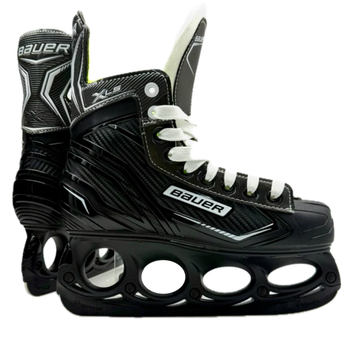 Eishockey-Schlittschuh Bauer Schwarz mit weißen Schnürsenkeln und gepolsterter Kufe