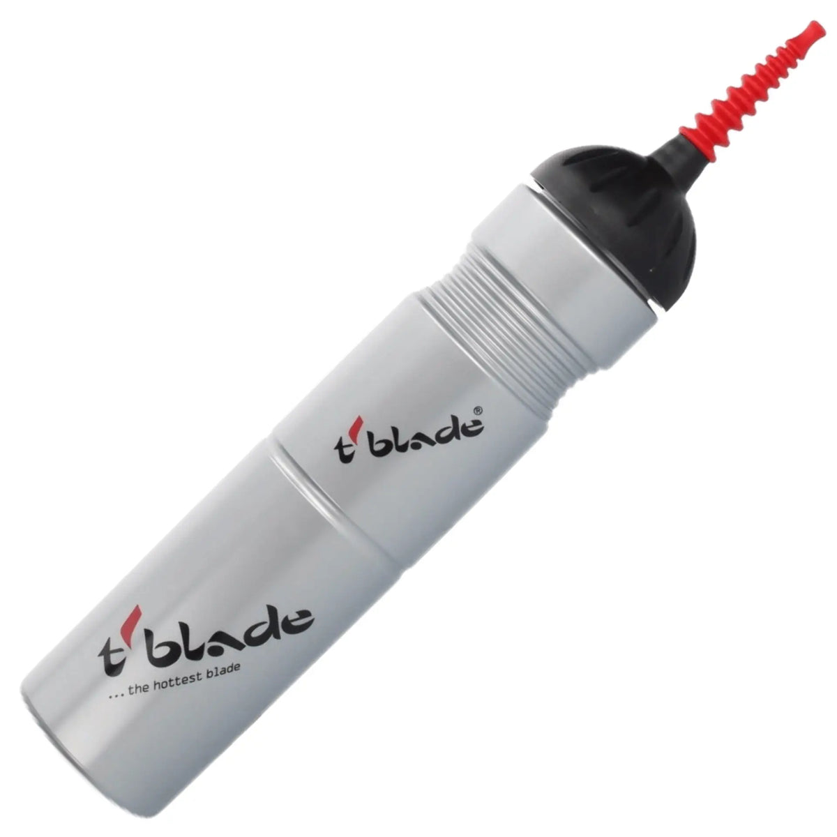 Eishockey-Sportflasche 1 l: silberne Flasche mit schwarzem Mundstück und rotem Trinkaufsatz