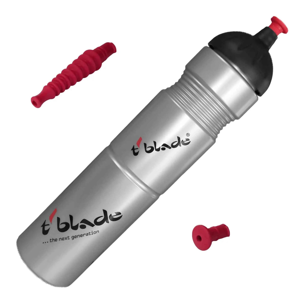Silberne Sportflasche 1 l mit schwarzem Deckel, rotem Trinkhalm und zusätzlicher Kappe